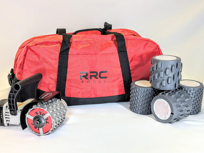 A collection of tools including a bag with the branding 'RRCTools', a metal drum, two plastic composite drums, and a spray foam gun keychain.
