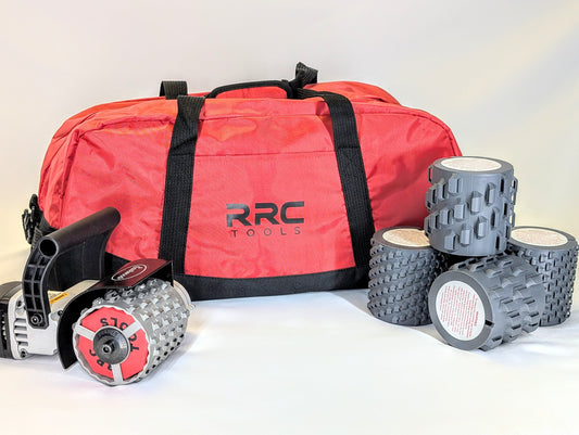 A collection of tools including a bag with the branding 'RRCTools', a metal drum, two plastic composite drums, and a spray foam gun keychain.